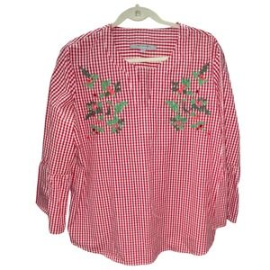 Andrew Marc Gingham Red White Embroidered popover top blouse XL NWOT
